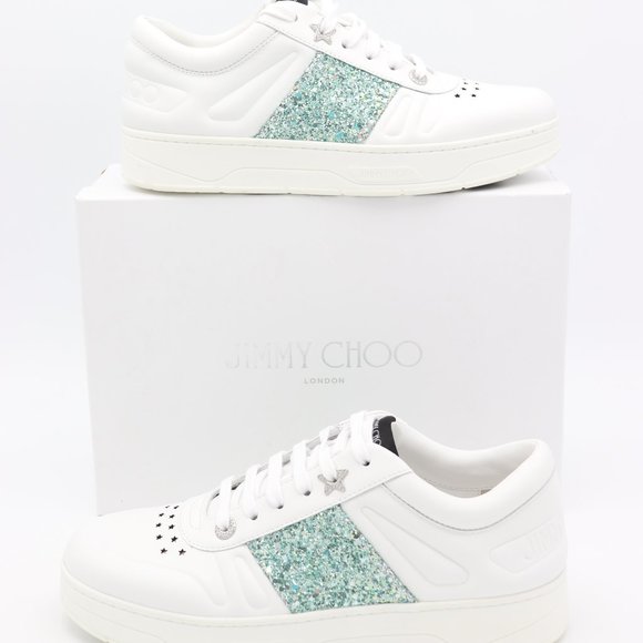 NIB Jimmy Choo Hawaii Leather Glitter Stripe Trainers Sneakers Shoes - Picture 10 of 11